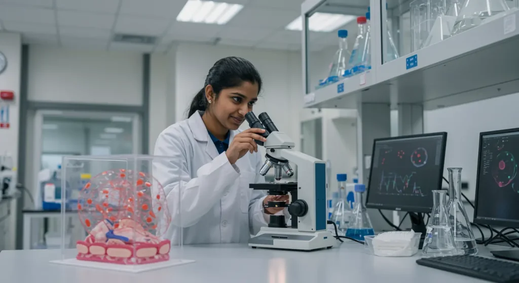 Student analyzing stem cells under microscope in a modern lab – Stem cell & Tissue Engineering in India