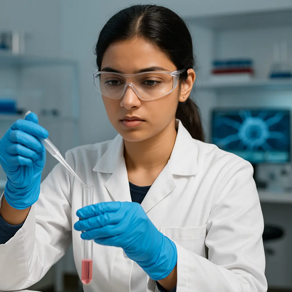 Student conducting laboratory research in a cancer biology lab at ITHS, wearing a lab coat and gloves — representing hands-on training in BSc in Cancer Biology program.