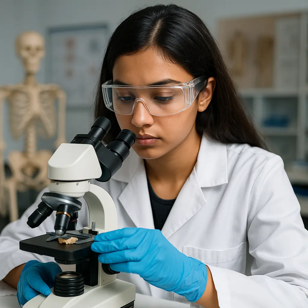 B.Sc. Anthropology student in a lab, wearing a white coat and goggles, examining a specimen under a microscope with skeletal models in the background.