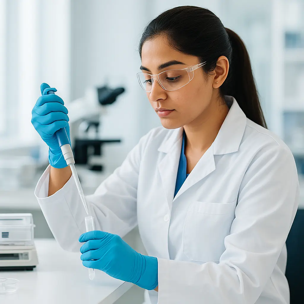 Student conducting lab work in a clinical embryology lab at ITHS, using a micropipette with focus and precision — representing hands-on training in BSc in Clinical Embryology.