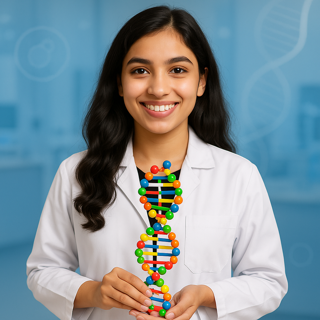 B.Sc. student in Nutrigenetics and Personalized Nutrition, wearing a white lab coat and smiling confidently while holding a colorful DNA model in a modern health science laboratory with a blue background featuring subtle DNA strand.