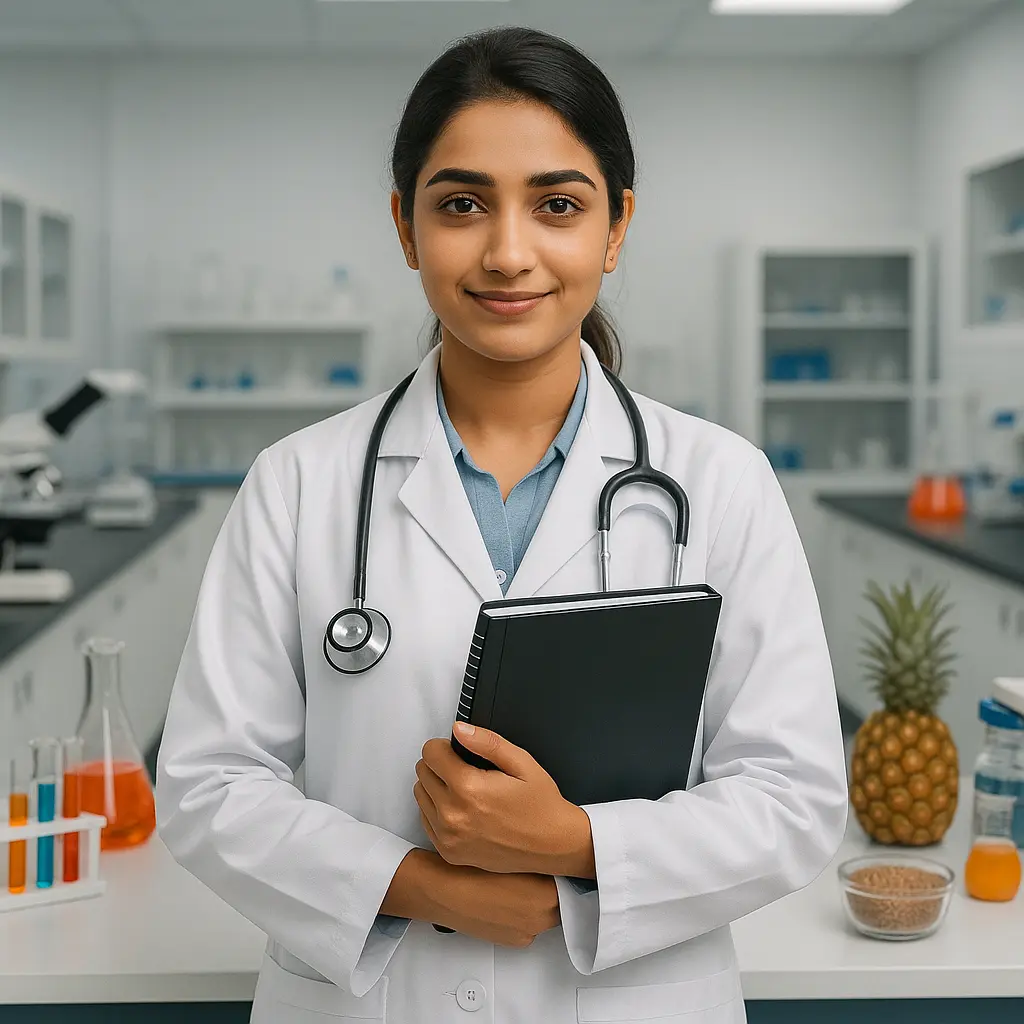 A Student pursuing a Certificate in Nutrigenetics and Personalized Nutrition, standing confidently in a modern nutritional biochemistry lab.