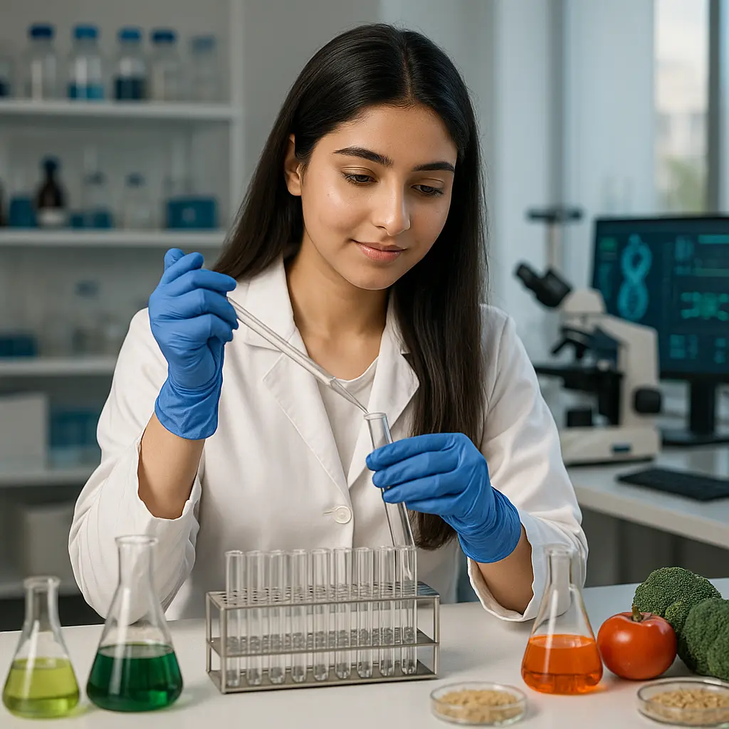 A Student in a modern nutrigenetics and personalized nutrition lab, wearing a white lab coat and blue gloves, pipetting liquid into a test tube surrounded by fruits, grains, and digital lab equipment for genetic nutrition research.