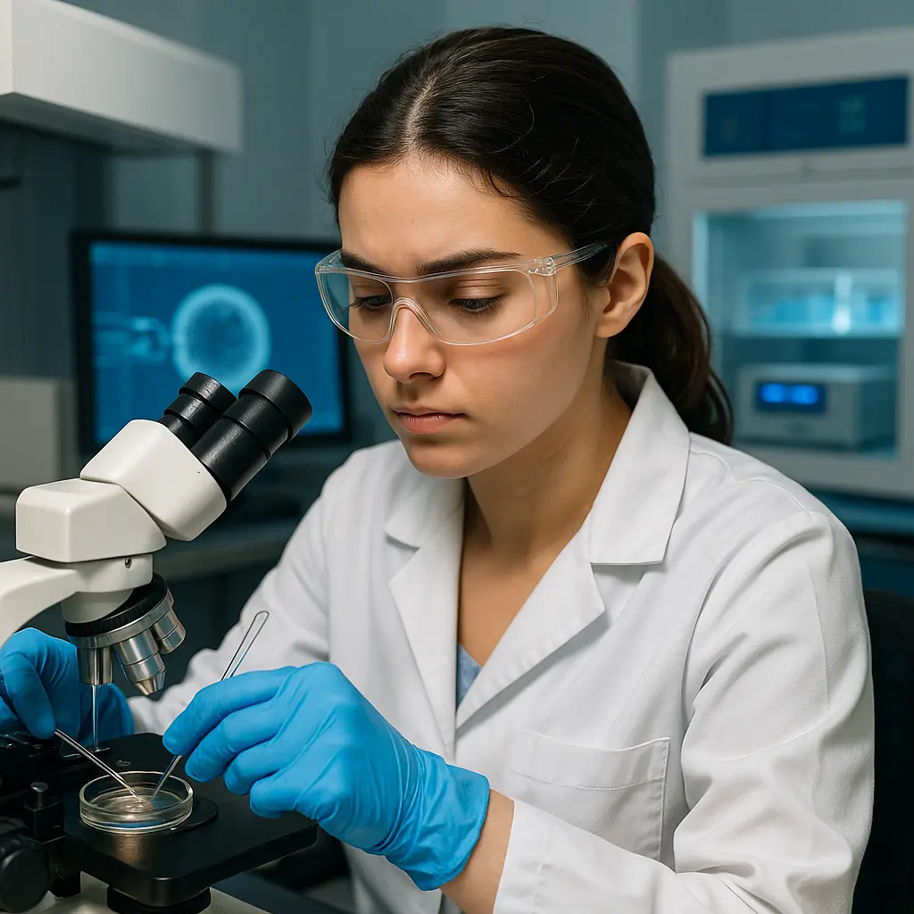 Embryologist working in a clinical embryology lab at ITHS, handling a petri dish under a microscope — representing hands-on training in PG Diploma in Clinical Embryology.
