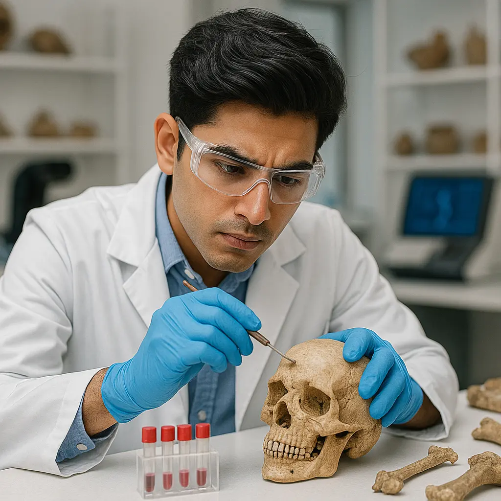 Student pursuing an MSc in Anthropology carefully examines a human skull in a modern anthropology lab. He wears a white lab coat, blue gloves, and safety goggles, working intently