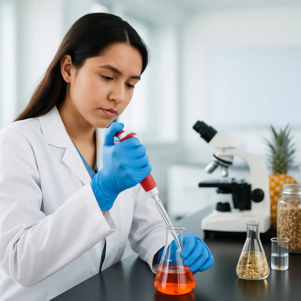 Student conducting a food science experiment in a laboratory, wearing blue gloves and a lab coat, using a micropipette — representing practical training in MSc in Nutrigenetics and Personalized Nutrition.