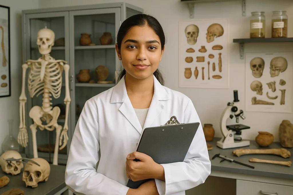 Anthropology student in white lab coat holding clipboard in biological anthropology laboratory with human skulls and skeleton for BA/BSc and MA/MSc Anthropology Admission 2025
