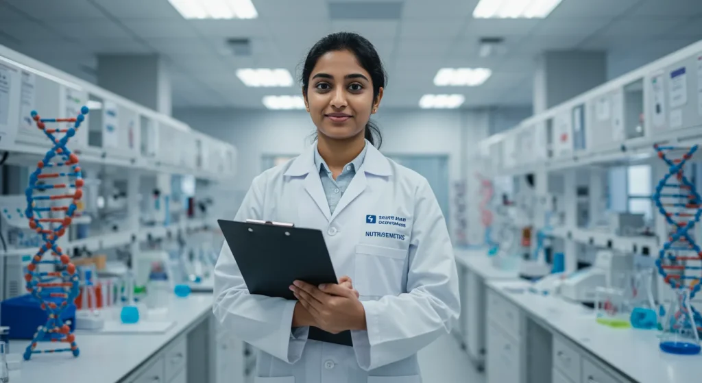 A female student in a lab coat holding a clipboard in a modern laboratory, representing BSc & MSc Nutrigenetics education and training environment.