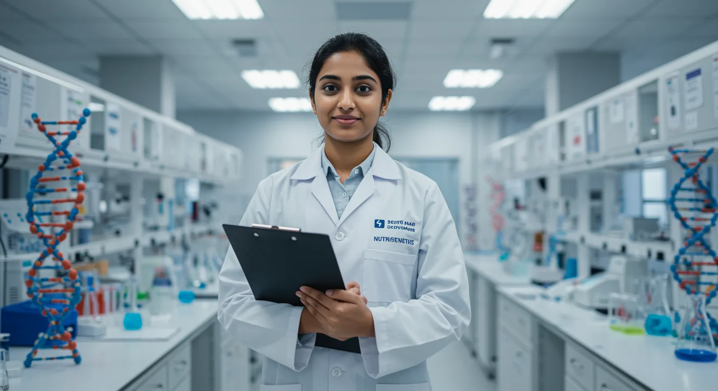 A female student in a lab coat holding a clipboard in a modern laboratory, representing BSc & MSc Nutrigenetics education and training environment.