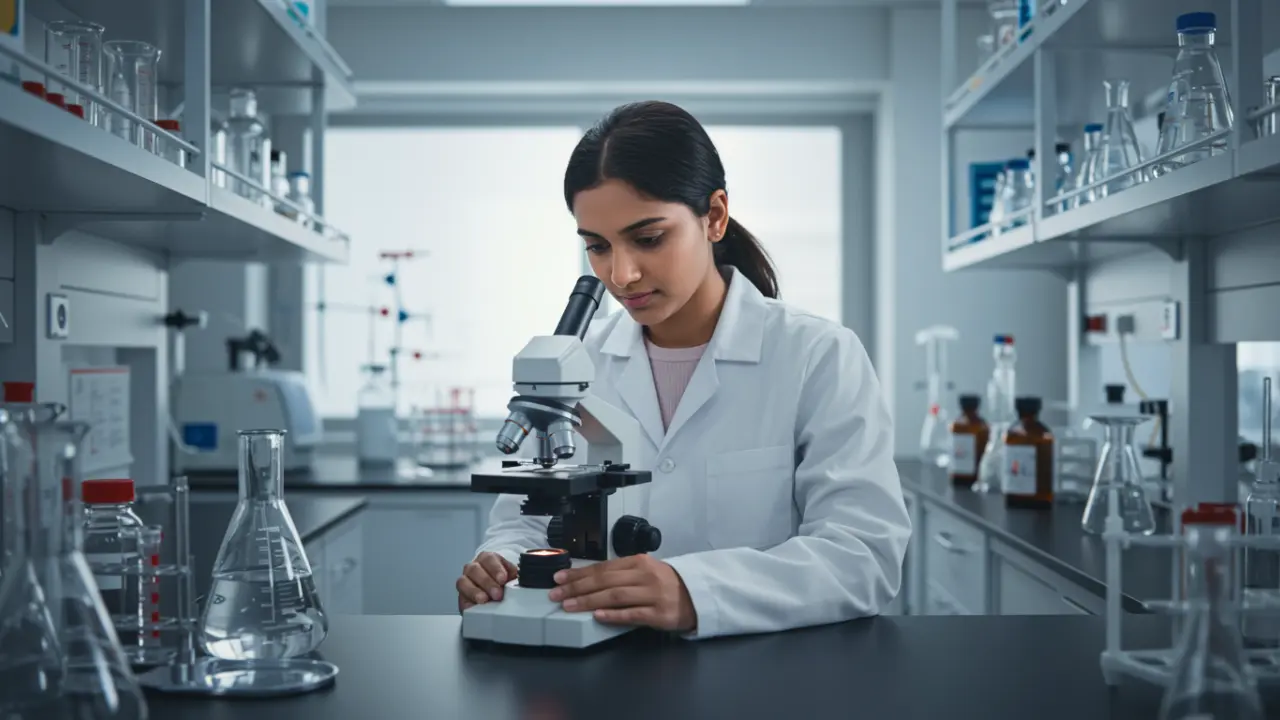 Student in lab coat using a microscope in a high-tech biomedical lab at ITHS, representing hands-on research training in B.Tech in Stem Cell Engineering program.